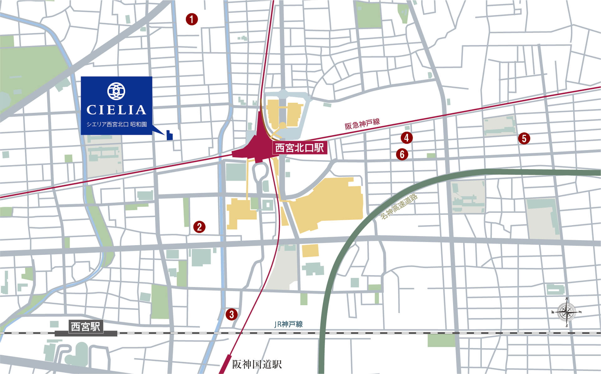 「西宮北口」駅周辺のルーフバルコニー付物件位置図